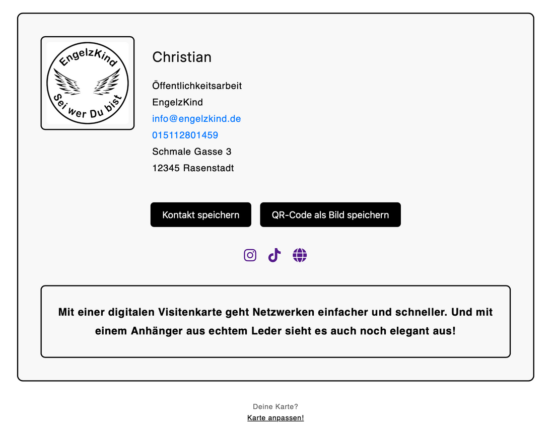 Digitale Visitenkarte von EngelzKind auf Smartphone-Display dargestellt – moderne und nachhaltige Alternative zur klassischen Papierkarte, flexibel anpassbar und jederzeit aktuell.